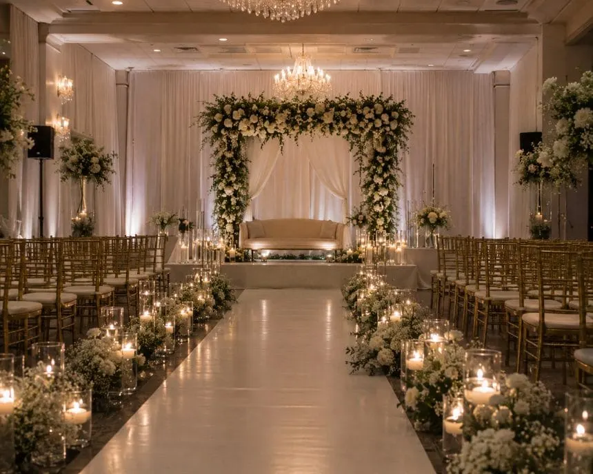 A ceremony aisle lined with flowers and candles