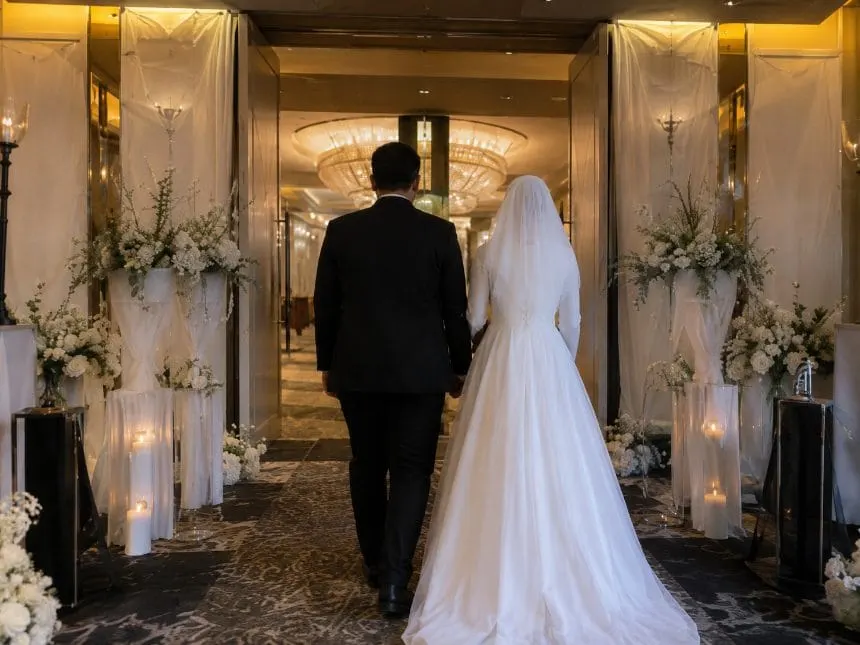 The couple entering a warmly lit wedding hall