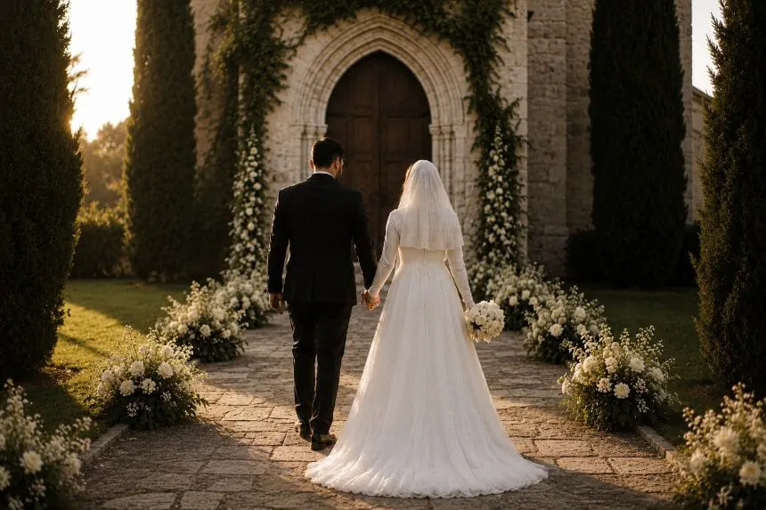 The couple walking toward a flower-lined stone doorway