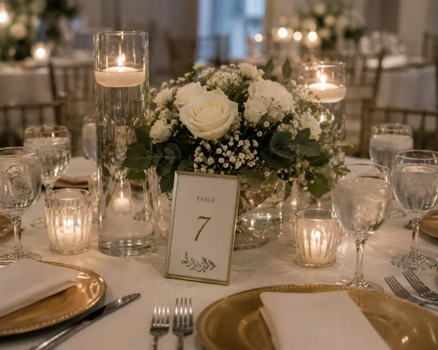 Flowers and candlelight on a wedding reception table